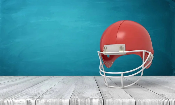 3d rendering of an American football helmet lying on a wooden desk background with a blue wall.