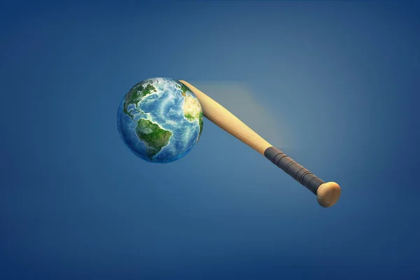 野球のバットに見舞われて地球の 3 d レンダリング. — ストック写真