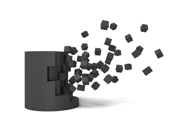 3D-weergave van een effen zwarte cilinder krijgen vernietigd met stukken liggen in de buurt. — Stockfoto