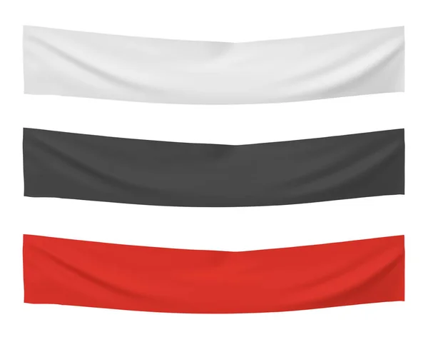 3D рендеринг трех горизонтально флагов белого, черного и красного цветов висит на белом фоне . — стоковое фото