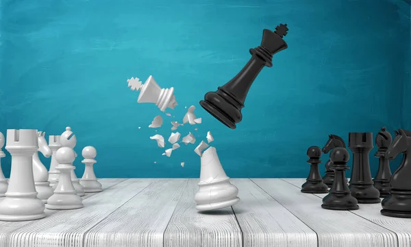 Rendering 3D di un re degli scacchi nero che vola e schianta un re bianco vicino ad altre figure scacchistiche su una scrivania di legno . — Foto Stock