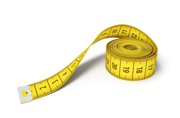 3d renderização de um rolo de uma fita métrica amarela sobre um fundo branco . — Fotografia de Stock