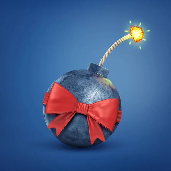 3d rendering of black burning bomb with red bow on blue background — Stock Photo, Image