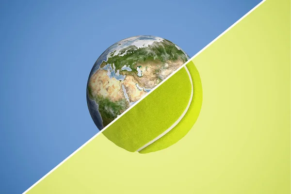 3d rendering of a sphere split in halves with a diagonal line, one half being planet Earth and the other a tennis ball. — Stock Photo, Image