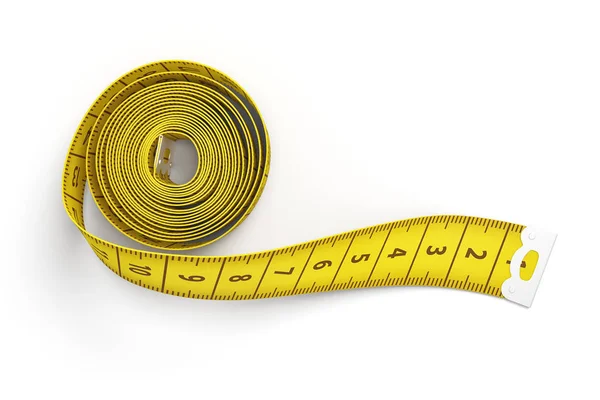 Representación 3d de cinta métrica amarilla parcialmente desplegada aislada sobre fondo blanco . —  Fotos de Stock