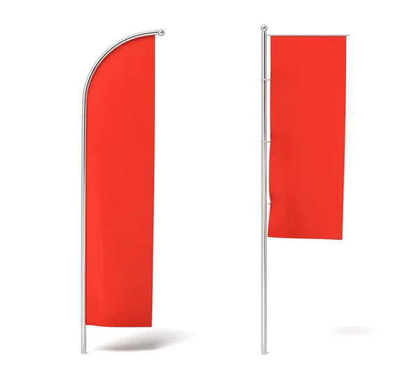 3D renderização de duas bandeiras vermelhas monocromáticas penduradas em postes em um fundo branco . — Fotografia de Stock