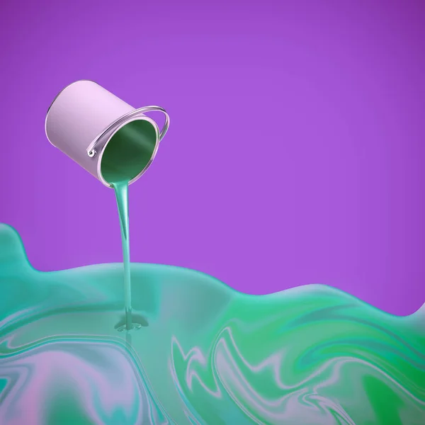 3D-Darstellung eines Eimers, der mintblaue Farbe über einen violetten Hintergrund auslaufen lässt. — Stockfoto