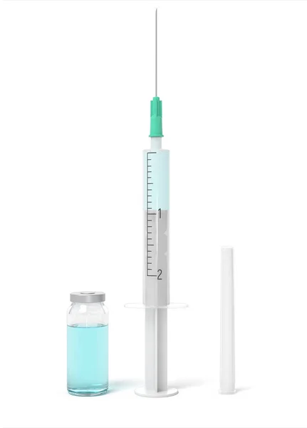 3D vykreslování dram skleněnou injekční lahvičku a stříkačku s modrou tekutinu a víčka stříkačky vedle. — Stock fotografie