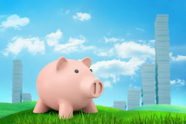 3D-weergave van een roze piggy bal staande op groen gras met stapels uitzien als statistiek bars op de achtergrond. — Stockfoto