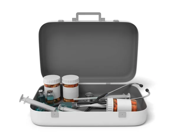 3D візуалізація відкритої медичної коробки першої допомоги з таблетками банки та медичні пристрої ізольовані на білому тлі — стокове фото