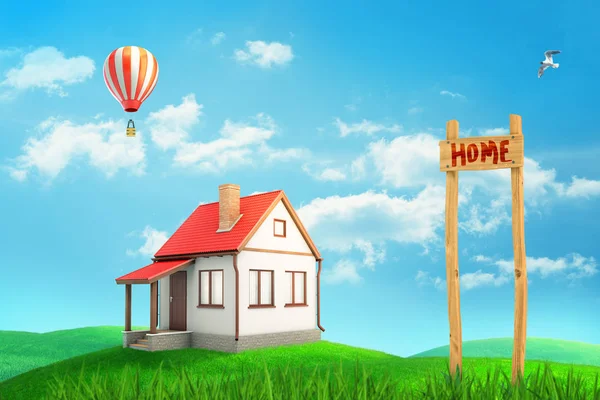 Renderowania 3D kolorowy krajobraz z małym prywatnym domu, balon i domu Zarejestruj na tle niebieskiego nieba — Zdjęcie stockowe