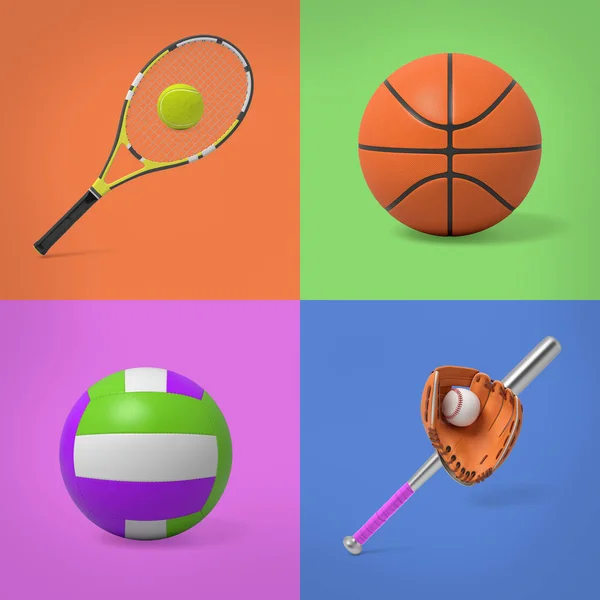 3d rendering of tennis set, basketball ball, volleyball ball and baseball set on four colour background