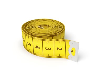 beyaz bir arka plan üzerinde tam bir unwound durumda sarı esnek dikiş mezura 3D render.