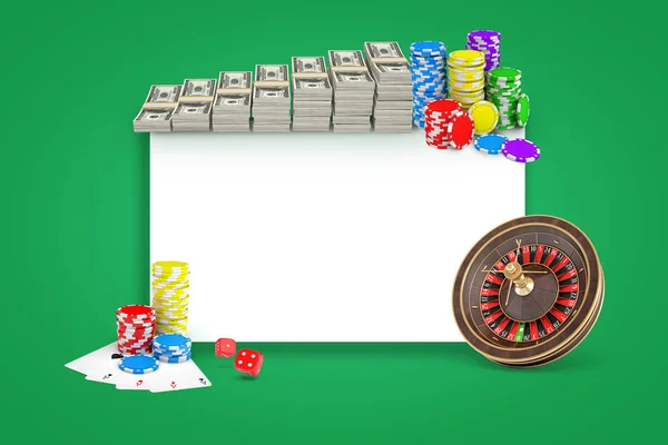 3d rendering of white rectangle with bundles of dollars, stacks of chips, roulette and pack of cards on green background.