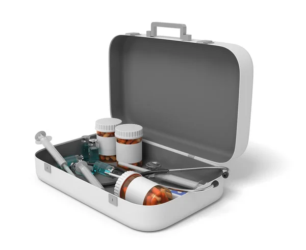 3d rendering of opened first aid medical box with pills jars and medical devices isolated on white background — Stock Photo, Image