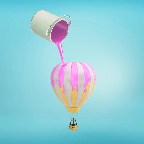 3d representación de pintura volcada puede fugas de pintura de color magenta sobre un globo de aire caliente . — Foto de Stock
