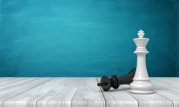 3D renderização de um rei de xadrez branco em pé perto de um rei preto caído em um fundo de mesa de madeira . — Fotografia de Stock