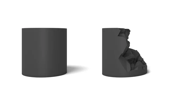 Renderização 3d de dois cilindros pretos isolados um perfeito e inteiro e outro meio quebrado . — Fotografia de Stock
