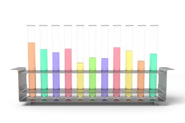 Beyaz arka plan üzerinde izole renkli sıvılar ile laboratuvar test tüpleri 3D render ayarla