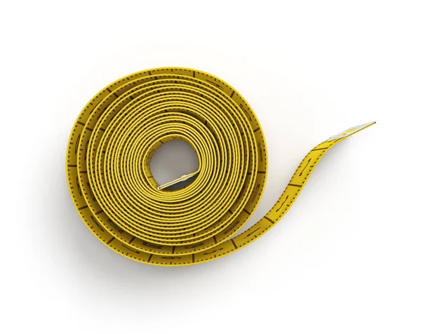 Renderização 3d de uma fita métrica de costura flexível amarela em um estado de desenrolamento completo em um fundo branco . — Fotografia de Stock