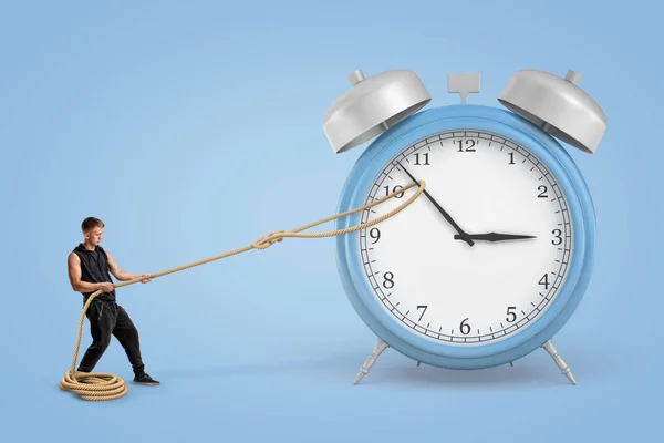 Man pulling clock hands with a rope on blue background