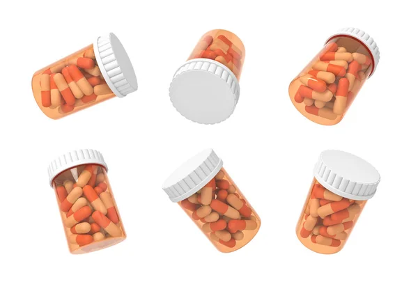 Set di rendering 3d di barattoli trasparenti di pillole bicolore su sfondo bianco . — Foto Stock
