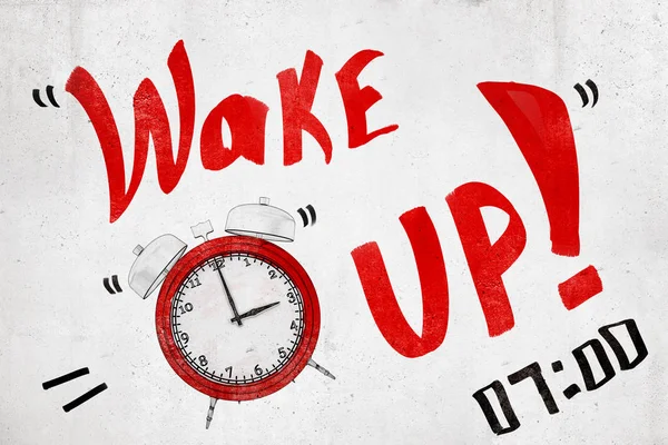 3d rendering of a the title Wake up and an old-fashioned alarm clock that is going off. — Stock Photo, Image