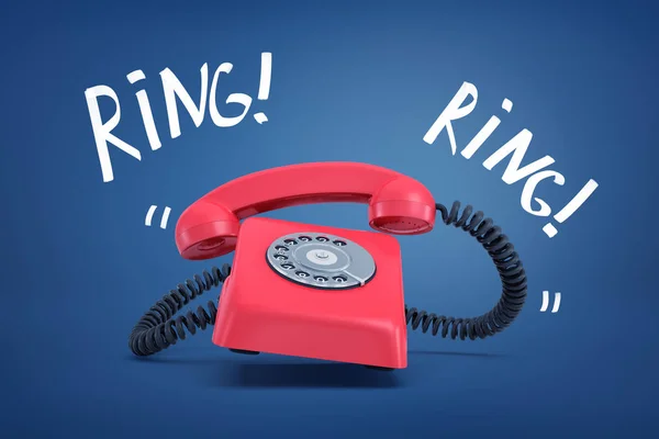 3d representación de un teléfono fijo rojo a la antigua usanza sonando en voz alta con las palabras anillo en ambos lados . —  Fotos de Stock