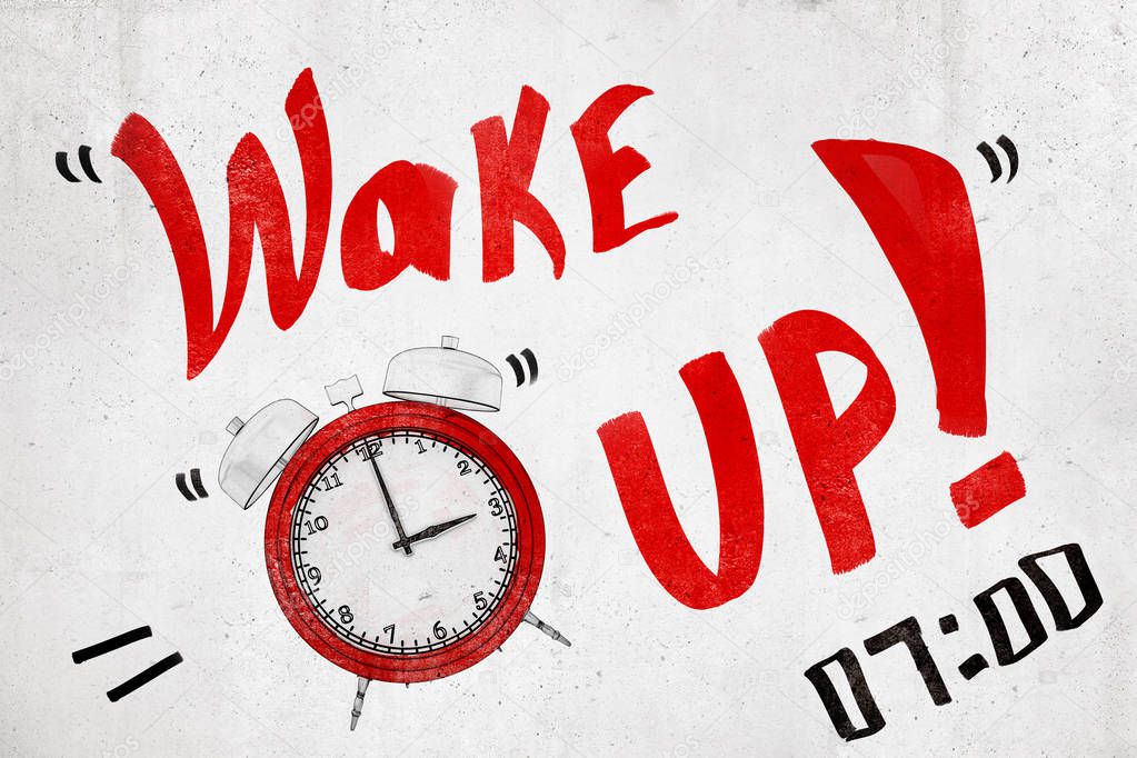 3d rendering of a the title Wake up and an old-fashioned alarm clock that is going off.
