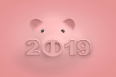 3d render nerede sıfır domuz burnu, hepsi aynı renk arka plan dışarı ayakta yerine olur bir ışık-pembe kumbara yüz ve başlık 2019.