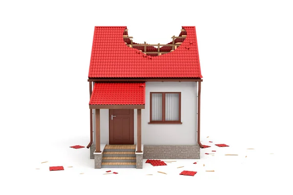 3d representación de una casa unifamiliar con un porche delantero y un gran agujero en el techo . — Foto de Stock