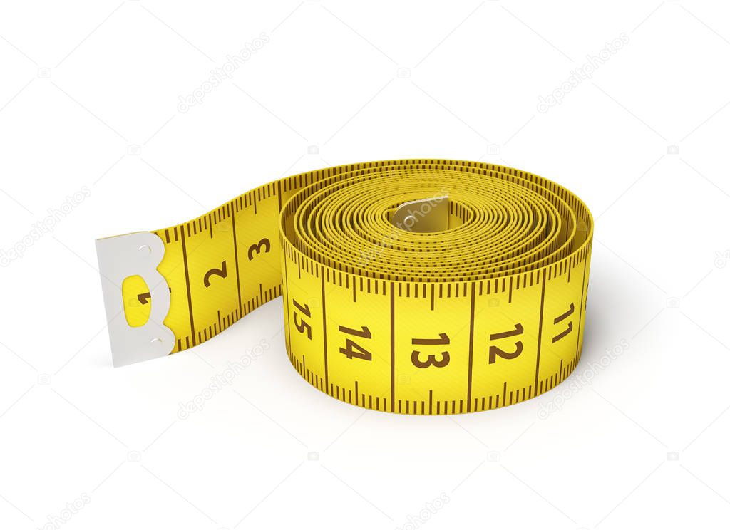 3d rendering of a roll of a yellow measuring tape on a white background.
