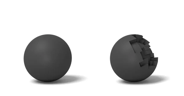 3D рендеринг двух изолированных черных круглых шаров, стоящих рядом друг с другом, одно целое и другое наполовину сломанное . — стоковое фото