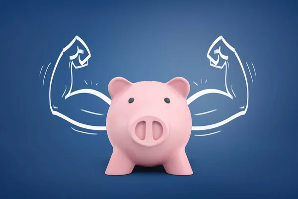 3d rendering of a piggy bank front view with strong arms drawn on both sides on a blue background.
