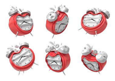 3D render altı kırmızı kırık çalar üzerinde beyaz artalanları izole saat kümesi.