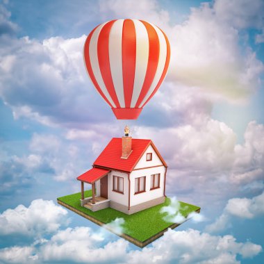 mavi gökyüzü beyaz bulutlar arka plan üzerinde ev çim ve hava balon ile ev 3D render. Dijital sanat. Geleceği ve teknoloji. Yapı ve inşaat.