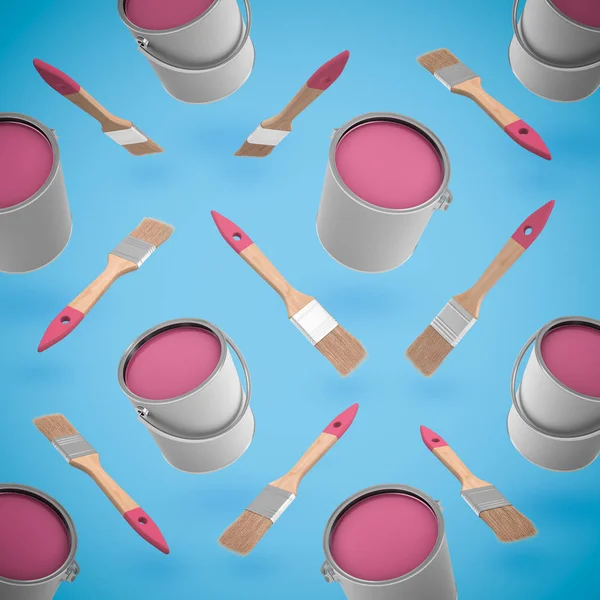 3d rendering of brushes and buckets of pink paint forming a pattern on a blue background. — Stock Photo, Image