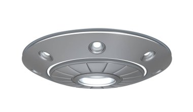 Beyaz arka plan üzerinde izole gümüş metal ufo 3D render