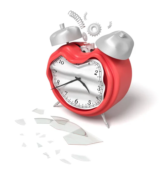 3d renderização de prata danificada relógio de alarme vermelho isolado no fundo branco — Fotografia de Stock