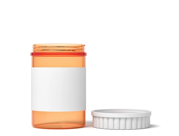 3d renderização de laranja transparente frasco pílulas de plástico com etiqueta em branco e tampa aberta isolado no fundo branco — Fotografia de Stock