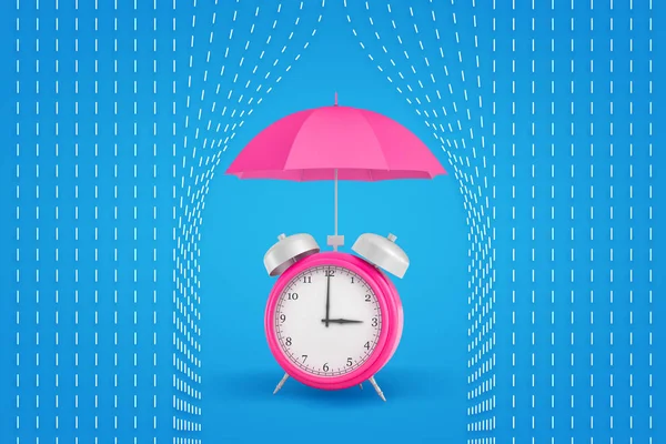 3d representación de un reloj despertador retro bajo un paraguas clásico rosa escondido de las líneas blancas que representan gotas de lluvia . — Foto de Stock