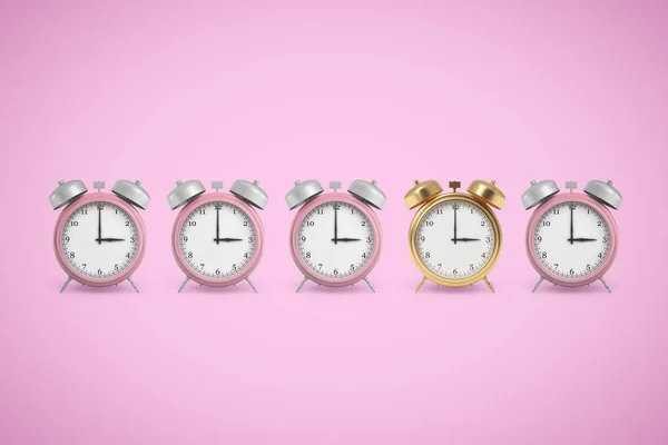 3d rendering of four pink and one golden alarm clocks on pink background