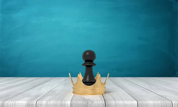 3D-rendering av en liten svart schack pantsätta stående inuti en gyllene krona på en trä skrivbord bakgrund. — Stockfoto