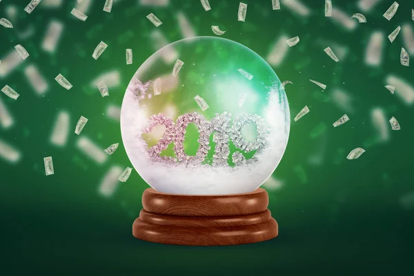 3d renderização de globo de neve de Natal com 2019 sinal de dólar dentro e dólares no ar no fundo verde — Fotografia de Stock