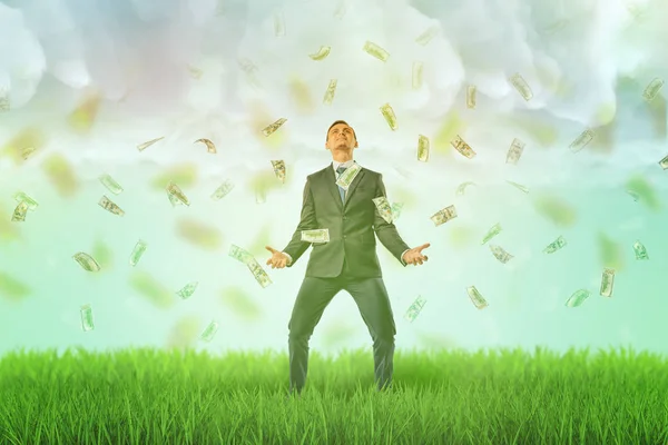 Ευτυχής επιχειρηματίας στέκεται πάνω σε ένα πράσινο γκαζόν με μια βροχή από λογαριασμούς δολαρίων που πέφτουν προς αυτόν από το συννεφιασμένο ουρανό. — Φωτογραφία Αρχείου