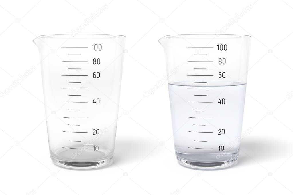 3d rendering of two measuring cups one half filled with transparent liquid isolated on white background