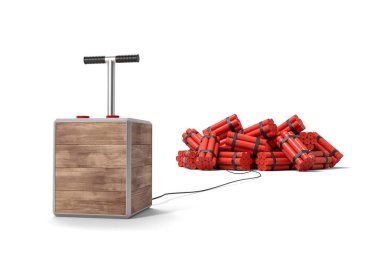 Beyaz arka plan üzerinde izole fünye kutusuyla 3D render tnt dinamit sopa.