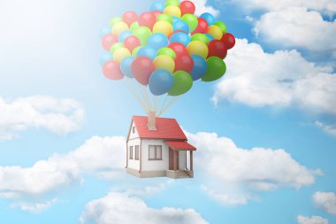 Balonlar ile beyaz bulutlar mavi gökyüzü karşı büyük bir paket tarafından havada bir ev 3D render kaldırdı.