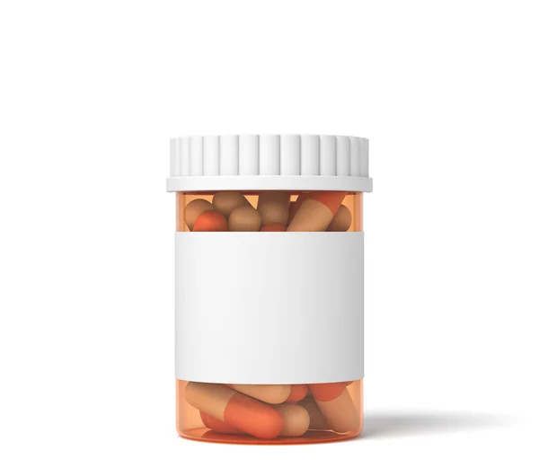 Rendering 3d di un barattolo trasparente di pillole bicolore con etichetta bianca su sfondo bianco . — Foto Stock