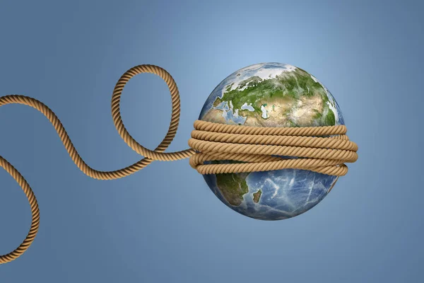 Rendering 3d planet Bumi, diikat dengan tali dan dilemparkan seperti bola atau yo-yo . — Stok Foto